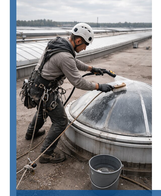 Мойка зенитных фонарей на кровле для промышленных объектов в Гукове