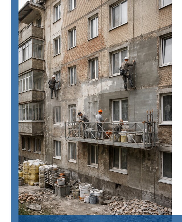 Капитальный ремонт фасада в Гукове с восстановлением и гидроизоляцией