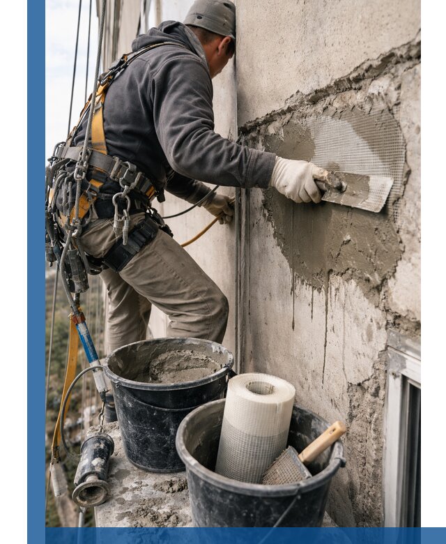 Ремонт бетонных элементов фасада промышленными альпинистами в Гукове