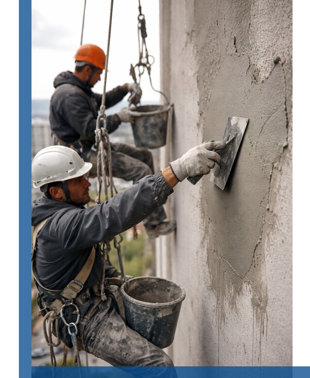 Штукатурка фасада на высоте в Гукове профессиональные работы