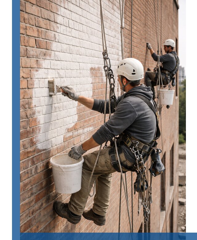 Покраска кирпичного фасада с доступным альпинистским сервисом в Гукове