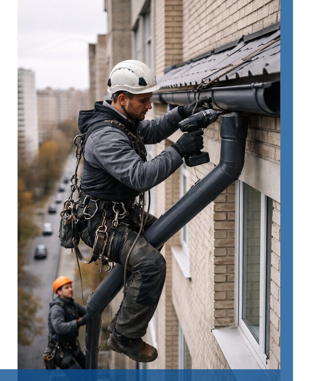 Монтаж водосточной системы на здании в Гукове от 5133 р. | ВЫСОТНИК-Гкв