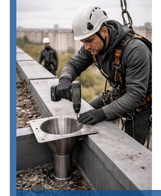 Монтаж водосточных воронок в Гукове для промышленных зданий