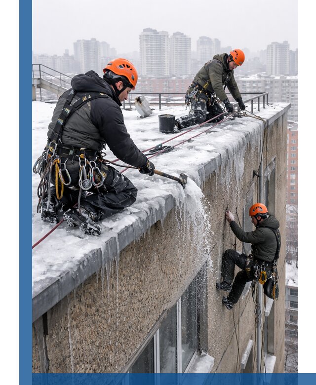 Удаление наледи с кровли в Гукове промышленными альпинистами