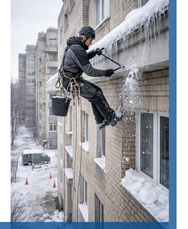 Удаление наледи с карнизов в Гукове от 359 р. | ВЫСОТНИК-Гкв