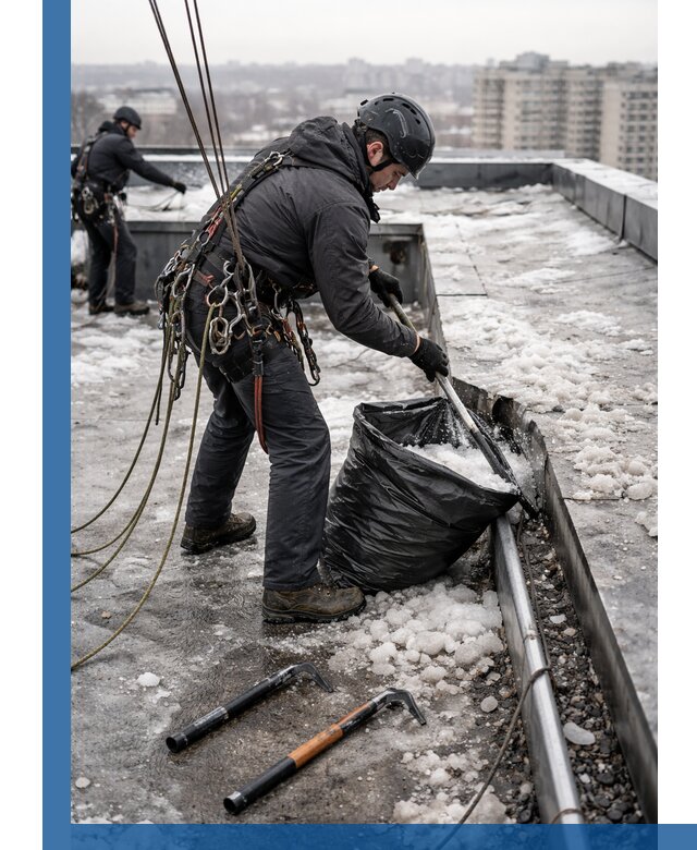 Аварийная очистка кровли в Гукове от промальпинистов