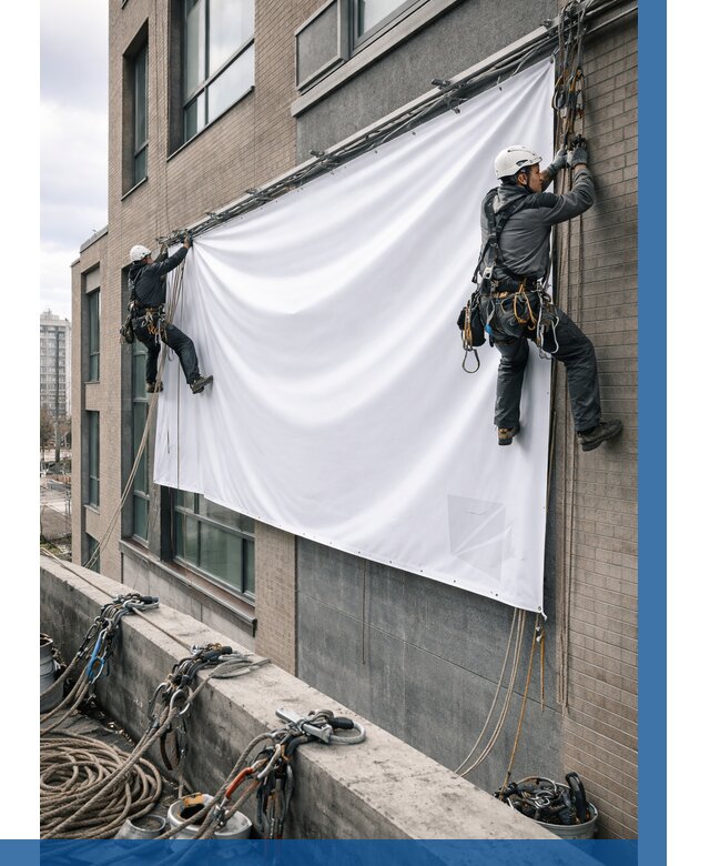 Монтаж баннеров на фасаде в Гукове от 667 р. заказать ВЫСОТНИК-Гкв