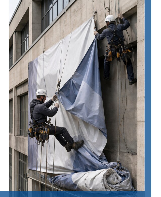 Демонтаж баннеров с фасада в Гукове от 4620 р. | ВЫСОТНИК-Гкв