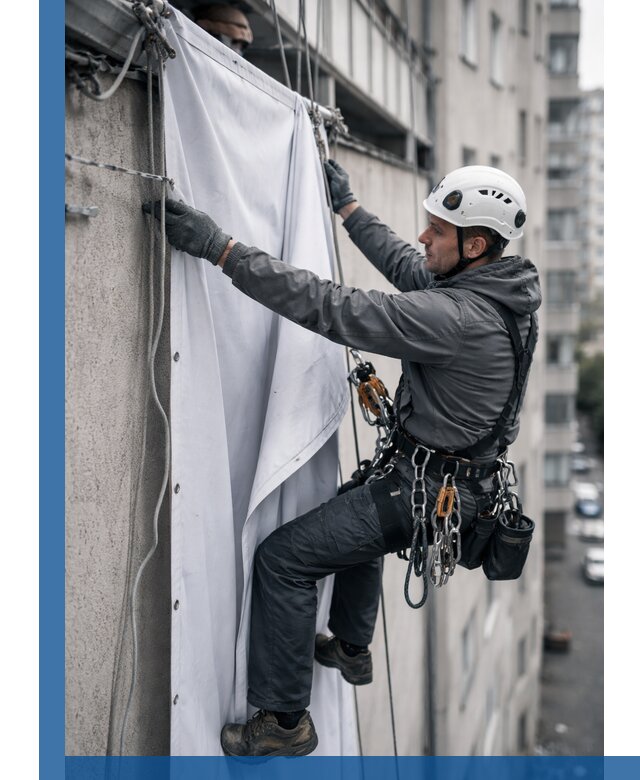 Замена баннерного полотна промышленными альпинистами в Гукове