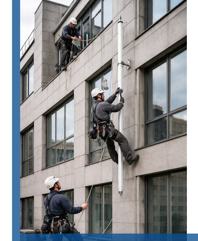 Монтаж флагштока на фасаде здания с креплением и герметикой в Гукове
