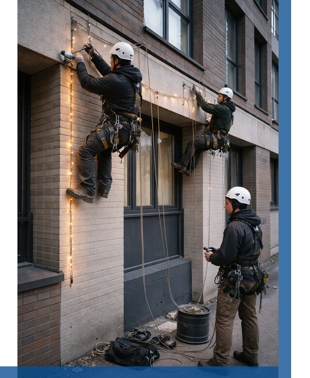 Монтаж гирлянд на фасаде в Гукове от 3593 р. | ВЫСОТНИК-Гкв