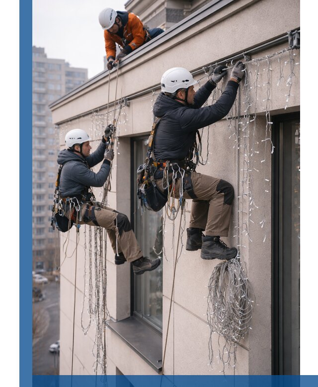 Монтаж праздничных гирлянд на фасаде в Гукове для зданий