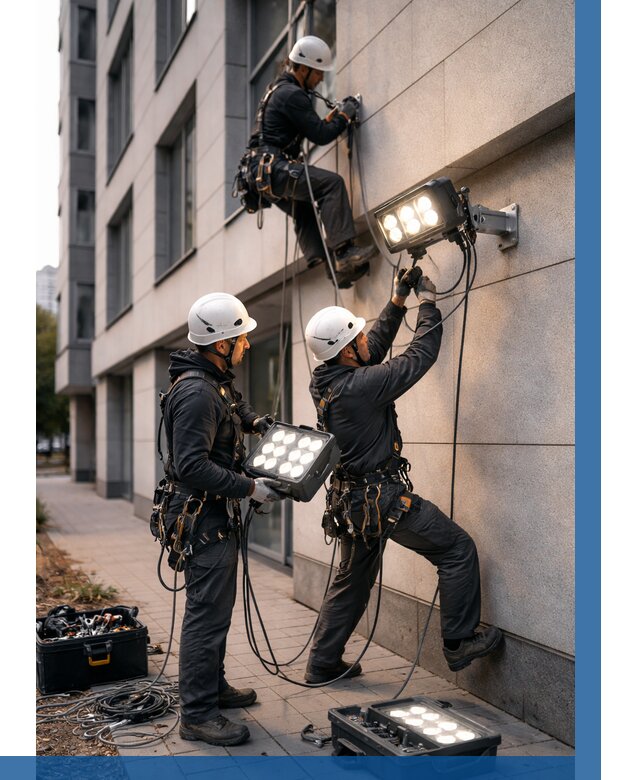 Монтаж прожекторов на фасаде в Гукове от 7700 р. | ВЫСОТНИК-Гкв