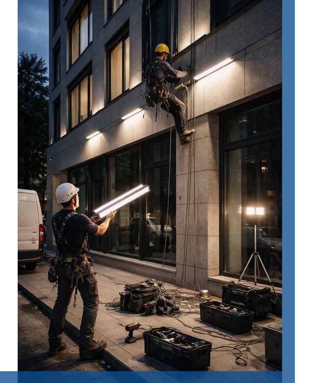 Монтаж архитектурной подсветки здания в Гукове от 2567 р.|ВЫСОТНИК-Гкв