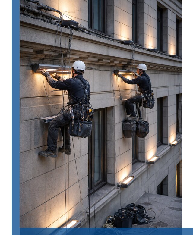 Монтаж архитектурной подсветки фасадов зданий в Гукове