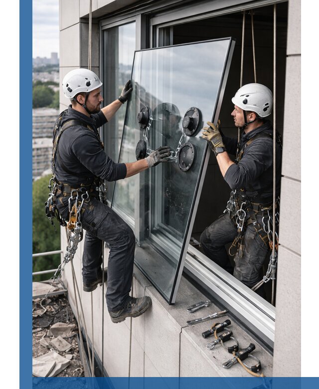 Замена стеклопакетов на высоте с промышленными альпинистами в Гукове