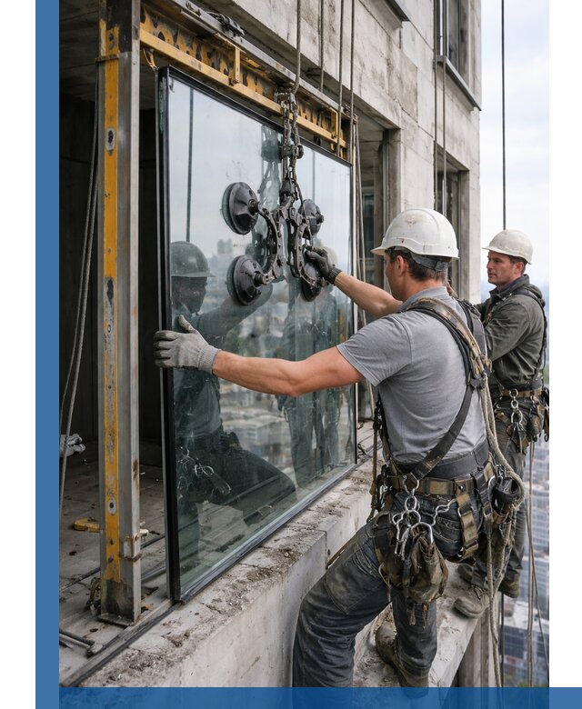 Монтаж стеклопакетов на высоте в Гукове с промышленным альпинизмом