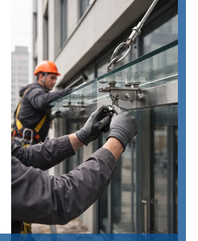 Монтаж стеклянных козырьков в Гукове от 8726 р. | ВЫСОТНИК-Гкв