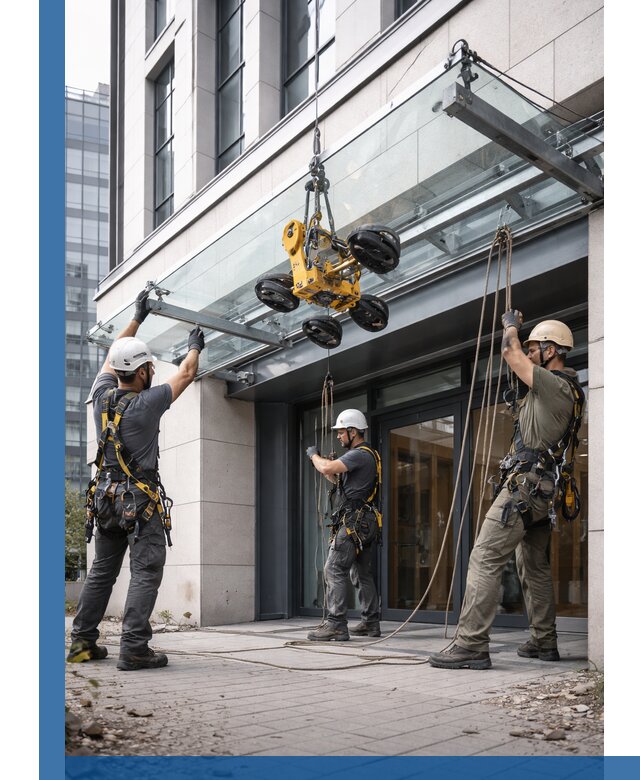 Монтаж стеклянных козырьков под ключ в Гукове для зданий