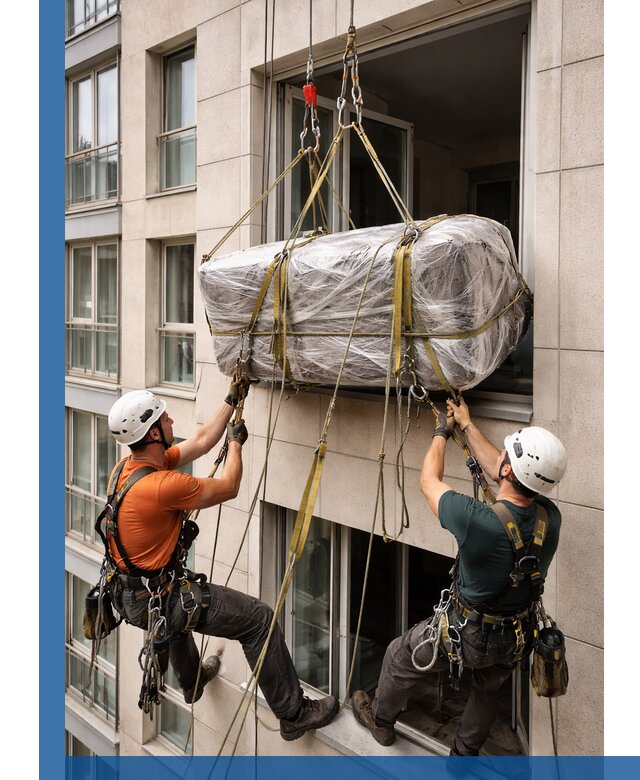 Подъем грузов через окно в Гукове промышленными альпинистами